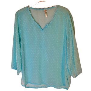 Grand & Greene Top Blue Green Textured Sheer Tunic Blouse Sz Medium